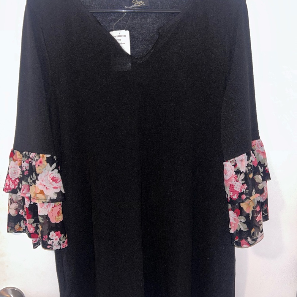 Suzanne Betro Black Blouse with Floral Sleeves